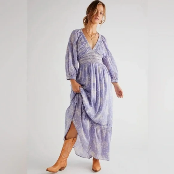 Free People Golden Hour Maxi Flowy Floral Sun Dress in Lavender Combo | Large - Picture 6 of 10